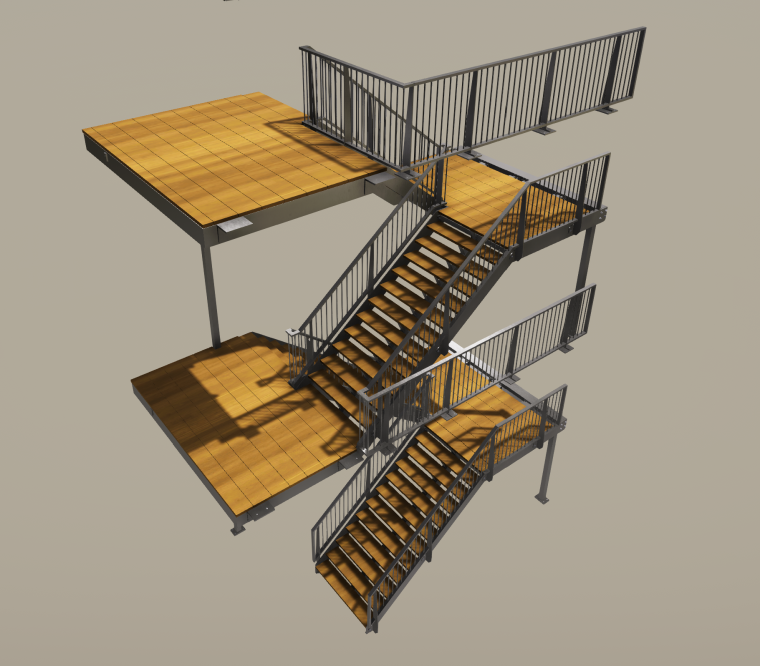 3D tekening trappen met treden van hout